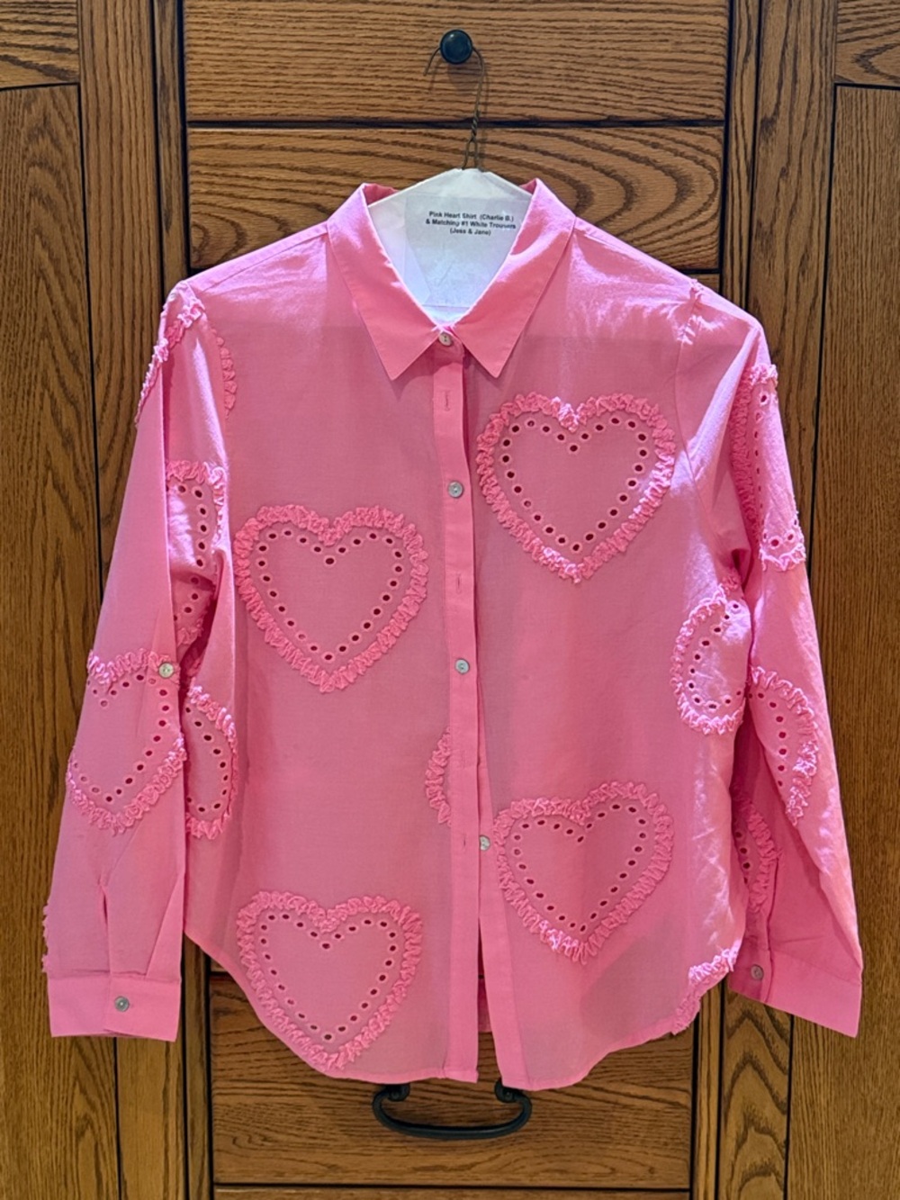 Women’s Pink Heart Eyelet Button-Up long sleeved Shirt